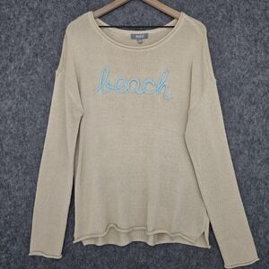 Marled Reunited Sweater Womens XL Beige Beach Spellout Open Knit Scoop Pullover